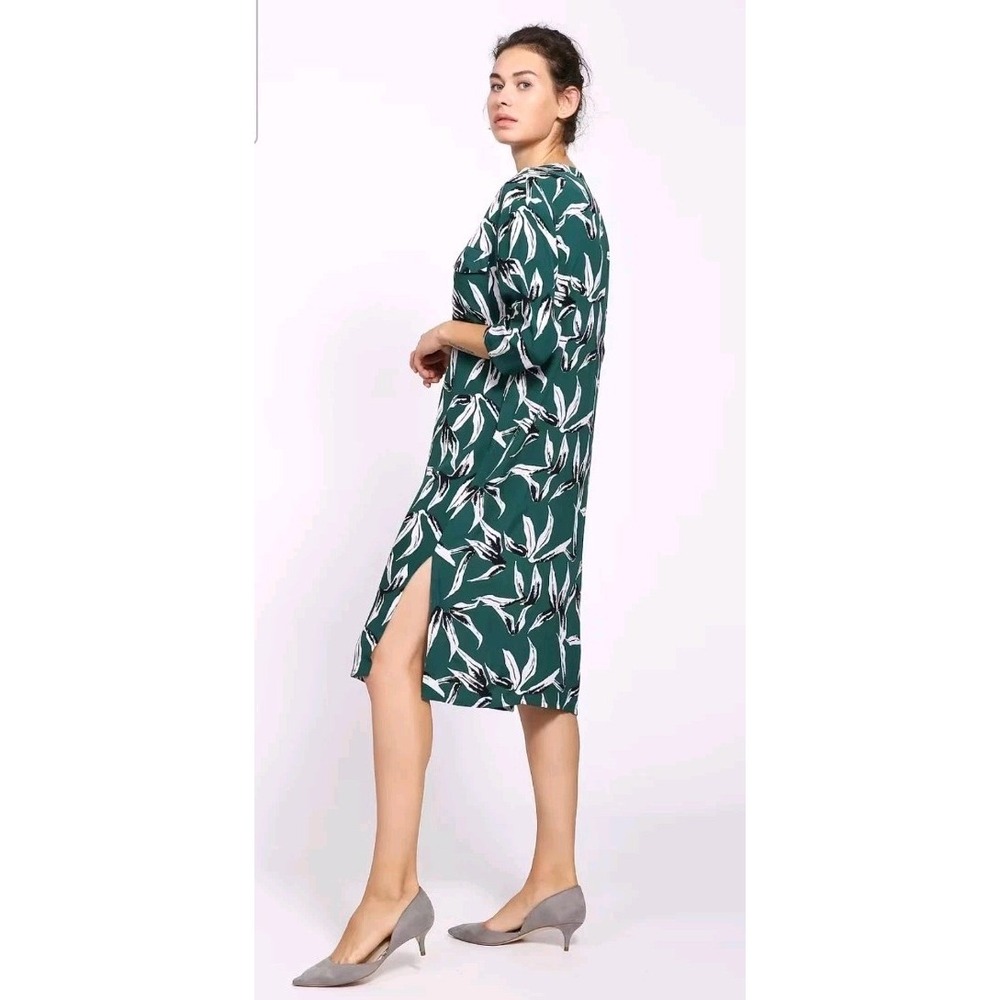 ICHI Women's‎ Button Up Green Dress With Print V-Neck 3/4 Sleeve Size S
